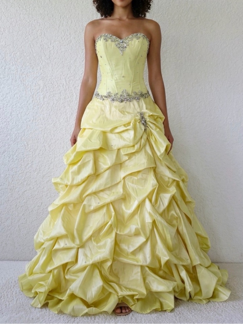 Strapless Yellow Ball Gown Dress with Beaded Accents